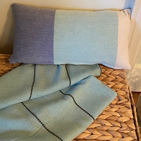 Organic Cotton Throw Blanket Water Green Black Minimal Stripe Boho Coastal Set 2 - Picture 3 of 9